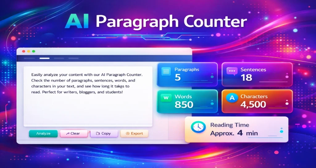 AI Paragraph Counter online tool interface showing paragraph, sentence, word, character and reading time metrics