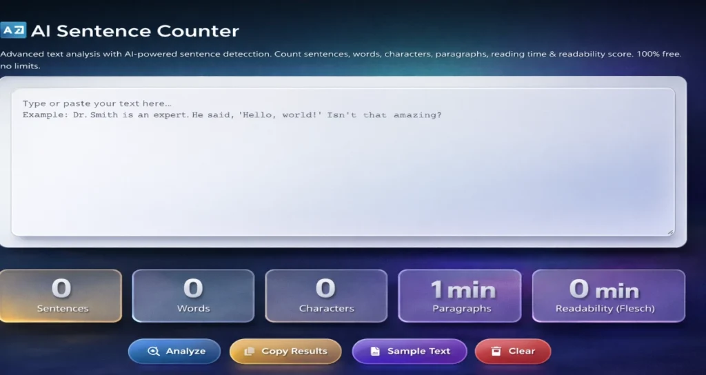 AI sentence counter premium UI design with text analysis dashboard, sentence word character counter and readability score tool