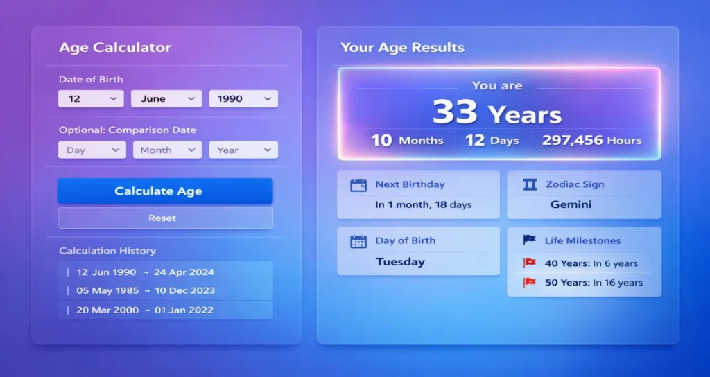 Modern age calculator web app UI design with gradient background, date of birth input fields and detailed age results dashboard