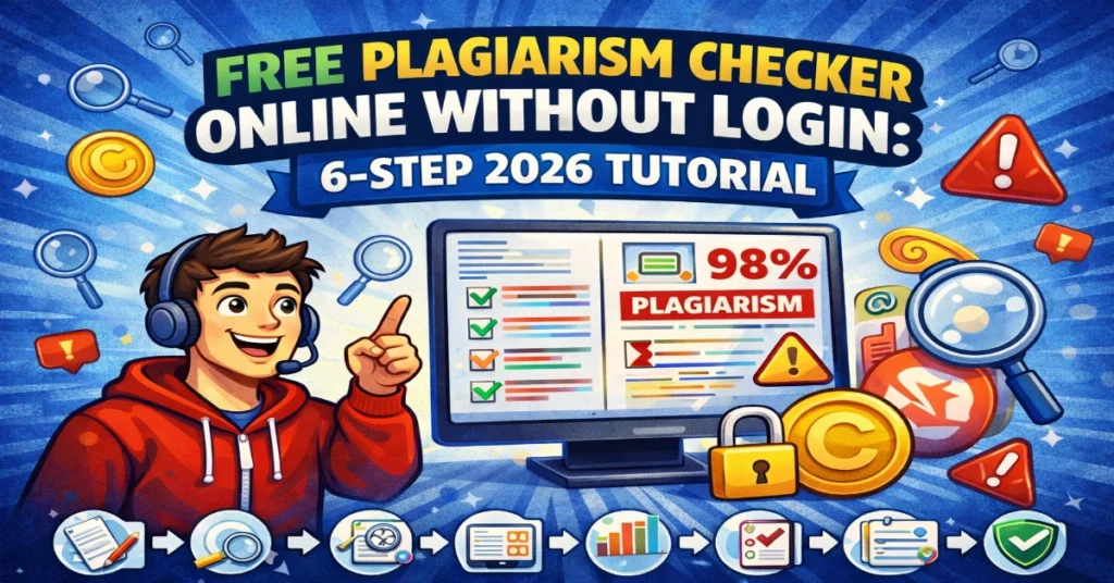 Free plagiarism checker online without login tutorial showing step by step process and plagiarism detection result