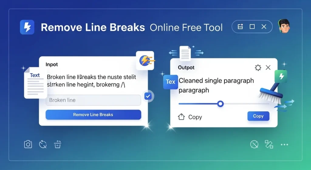 Remove Line Breaks Online Free Tool showing text cleaner and formatter dashboard converting broken text into clean paragraph format