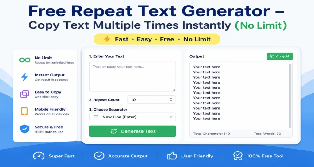 Free repeat text generator tool to copy text multiple times instantly with no limit
