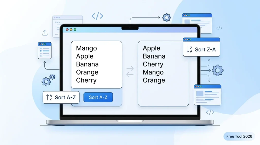 Free sort text lines tool online showing A to Z and Z to A text sorting interface